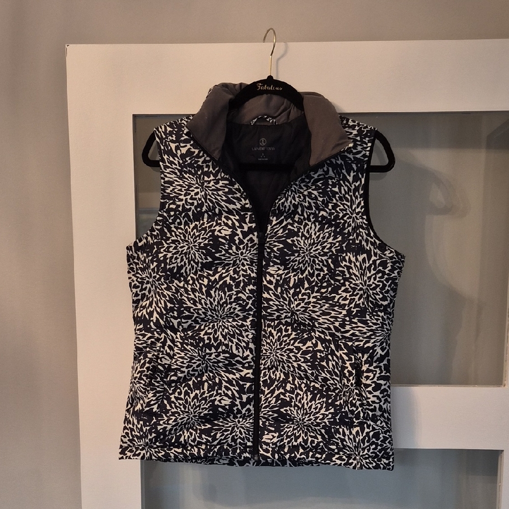 Lands' End Women's Vest with Black and White Floral Pattern